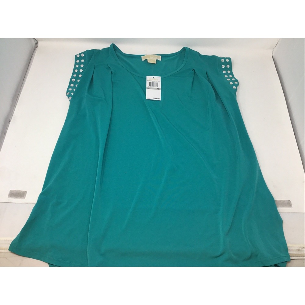 Michael Kors Short Sleeved Silver Studded Island Blue 1X Blouse Side Opening
